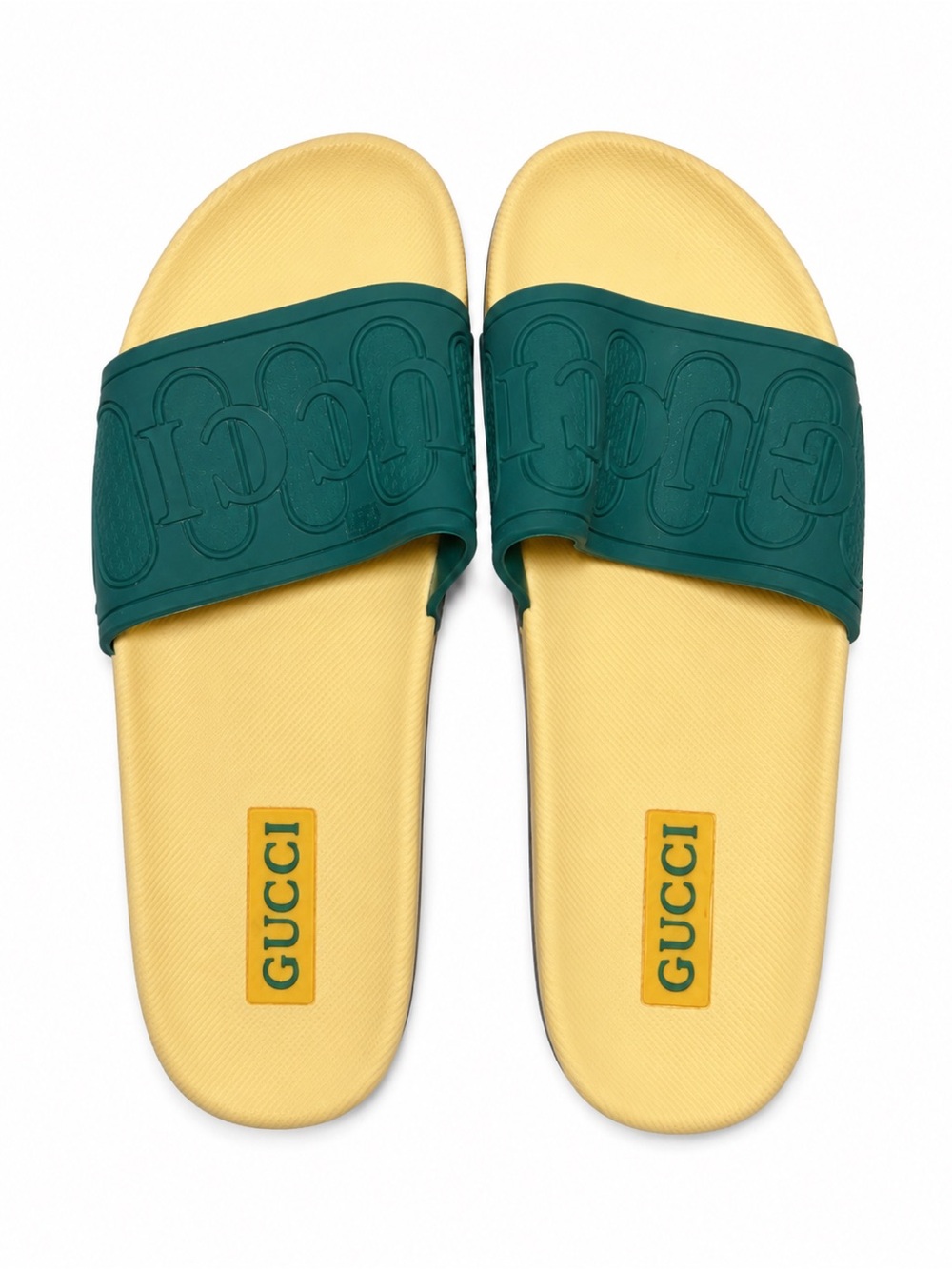 Gucci Teal/Green Embossed Logo Slides